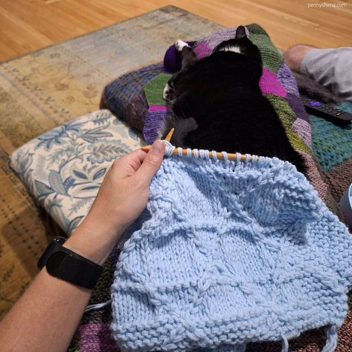 Blue knit blanket in progress shown mid row laid on a tuxedo cat asleep on a multicoloured knit blanket on the knitter’s lap
