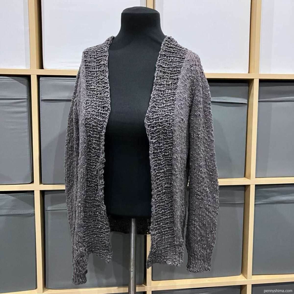 grey cardi on dress form