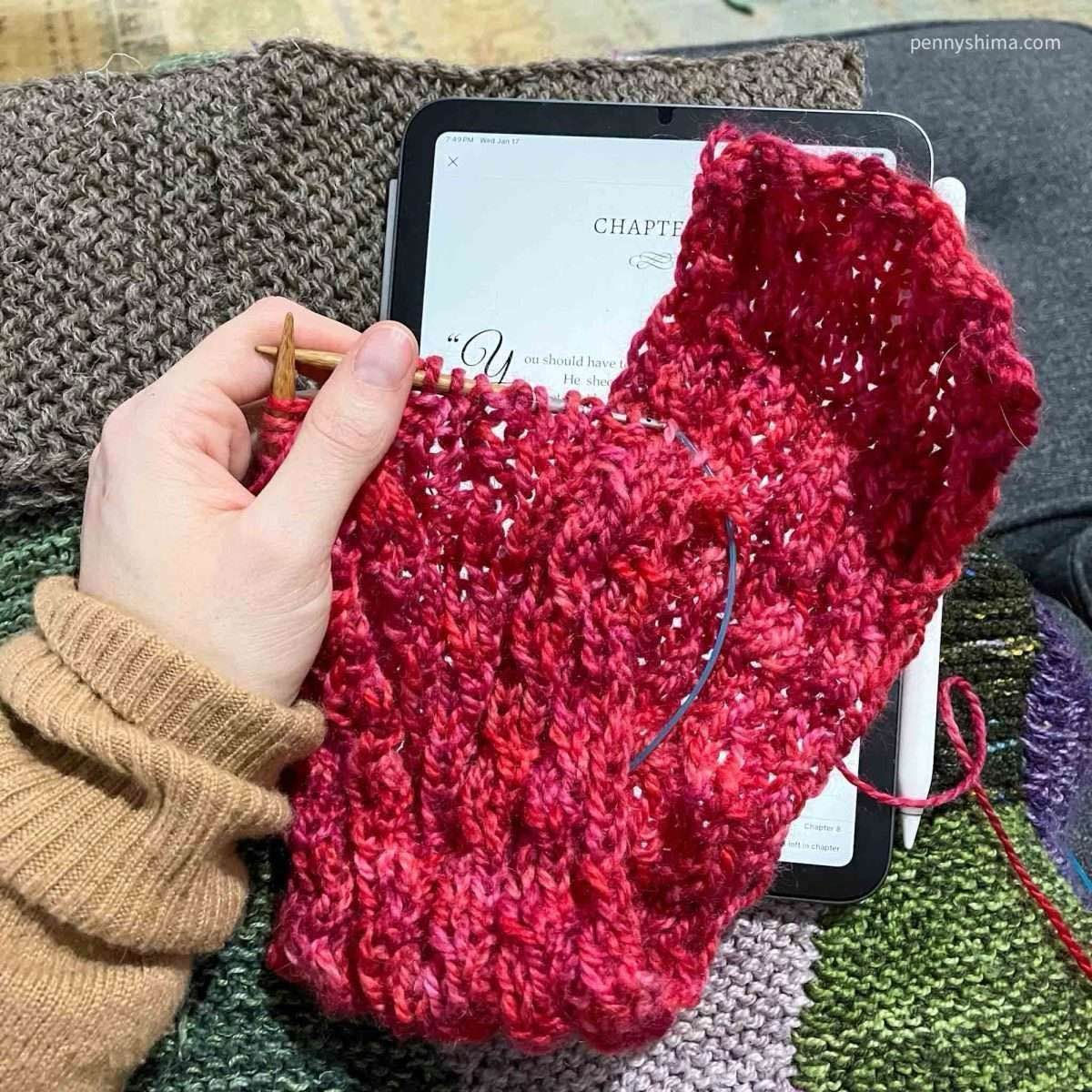 Red knit stripe in progress