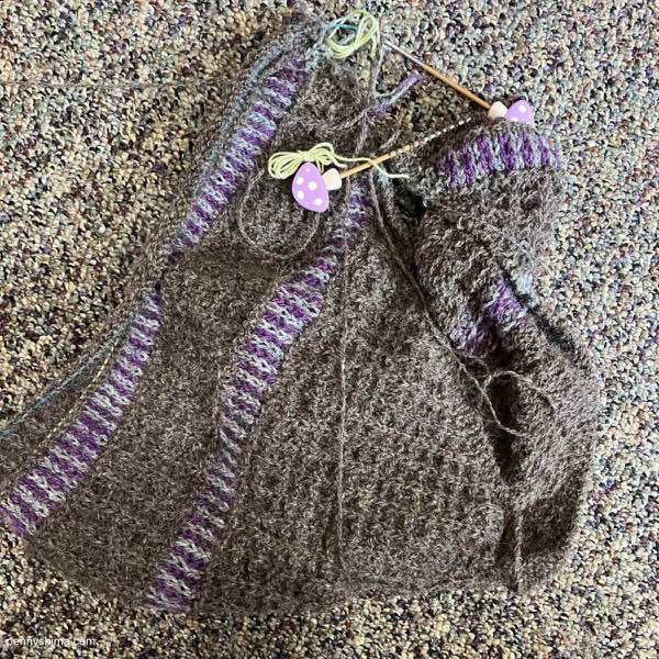 Artus shawl progress. it blends well with the carpet.