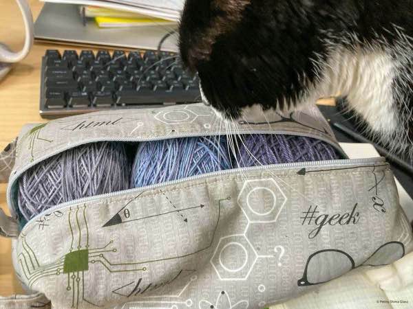 Tuxedo cat looking at a zip project bag with three cakes of yarn in light grey, blue-purple, and purple. a computer keyboard is in the background.