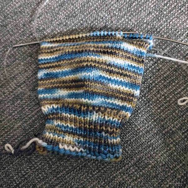 about 4 inches of sock (cuff and leg) knit in Oink Pigments Targee Sock in "Size of the Boat"