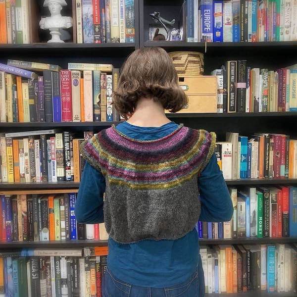 Muted rainbow handspun yoke. Shown modeled with 20cm of body knit. Model is wearing a blue T-shirt and is standing in front of bookshelves. The model is turned so the back is visible. The background is slightly blurred.