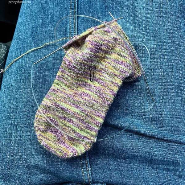Purple cotton sock on heel flap