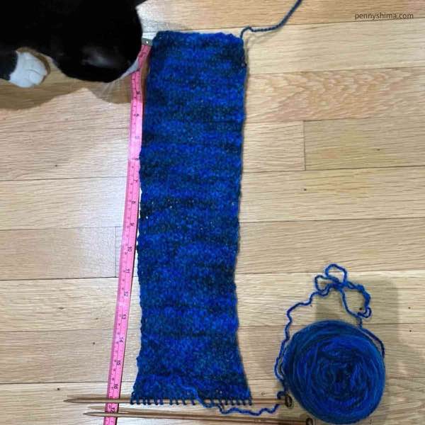 Length of blue knitting on a wooden floor with a pink measuring tape next to it. A tuxedo cat is in the upper left of the frame sniffing. It’s on straight wooden needles.