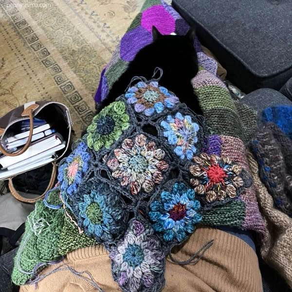 9 patch of bauble crochet motifs on a tuxedo cat