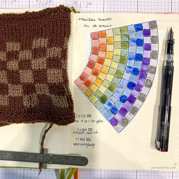 brown and tan swatch laid on open notebook with a watercoloured yoke.