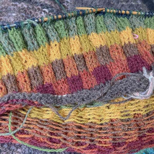 Paul Klee yoke progress shown flat. On second round of fifth color pairing