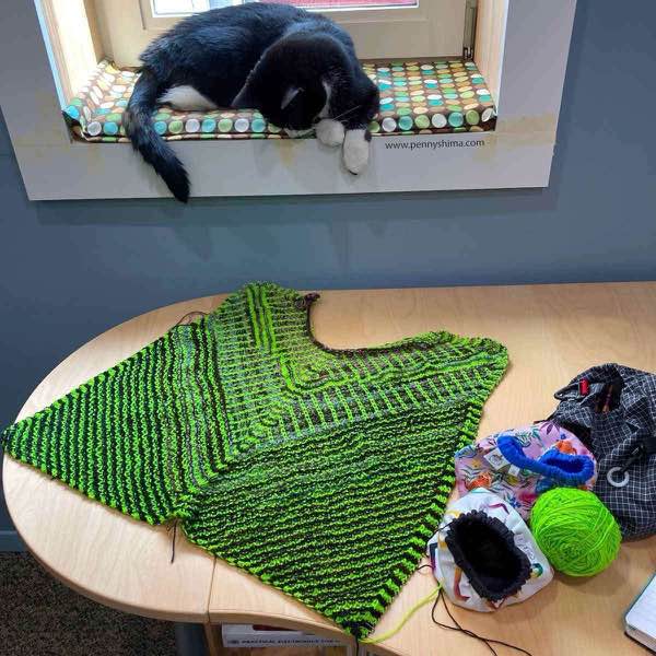 A tuxedo cat on a a windowsill looking at the KAL top front laid flat on a wooden desk. There's balls of yarn off to the right.