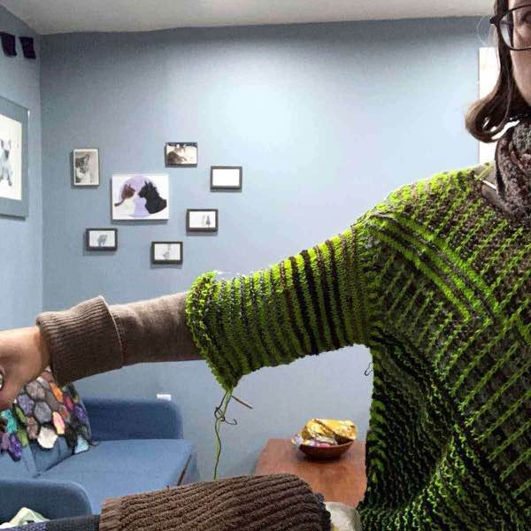 Modelling sleeve in progress on KAL sweater.