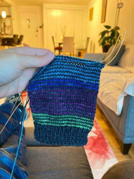 Stripe sock progress, about 3" of sock leg in addition to a 1.5" ribbed cuff shown. Sock is being held in am apt living room with view toward a dining table off in the background.to