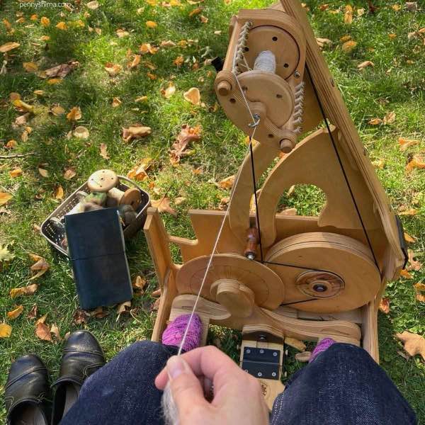 spinning wheel outside on an autumn leaf covered lawn.